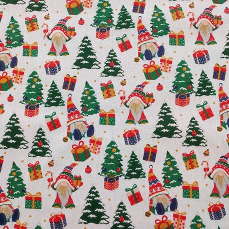 Tissu Coton Imprimé Gnomes Blanc