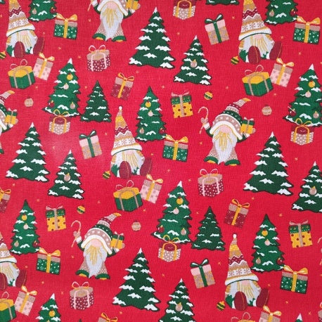 Tissu Coton Imprimé Gnomes Rouge 