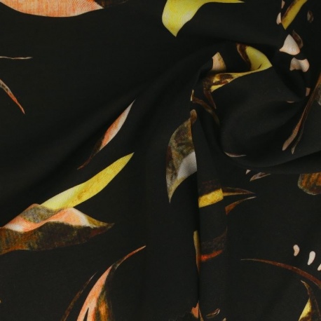 Tissu Popeline de Viscose Imprimée Feuille Fond Noir