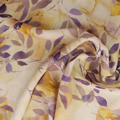 Tissu Popeline de Viscose Imprimée Motif Feuille Violet