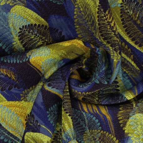 Tissu Popeline de Viscose Imprimée Motif Feuille Bleu Jaune