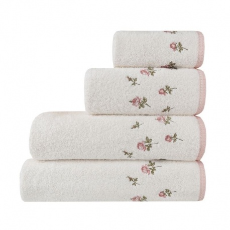 Linge de Toilette Brodé Roses Dentelle Blanc