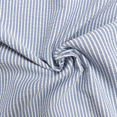 Tissu Toile Chemise Seersucker Petites Rayures Bleu Clair