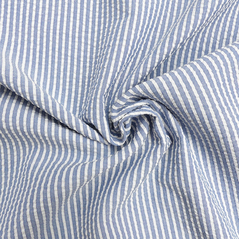 Tissu Toile Chemise Seersucker Petites Rayures Bleu Clair