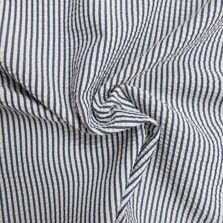 Tissu Toile Chemise Seersucker Petites Rayures Marine