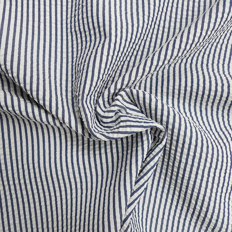 Tissu Toile Chemise Seersucker Petites Rayures Marine