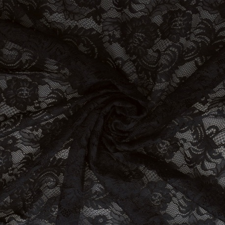 Tissu Dentelle Elastique Roses Noir 