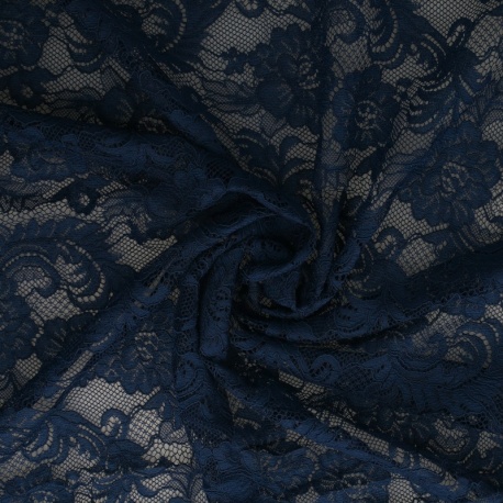 Tissu Dentelle Elastique Roses Bleu 