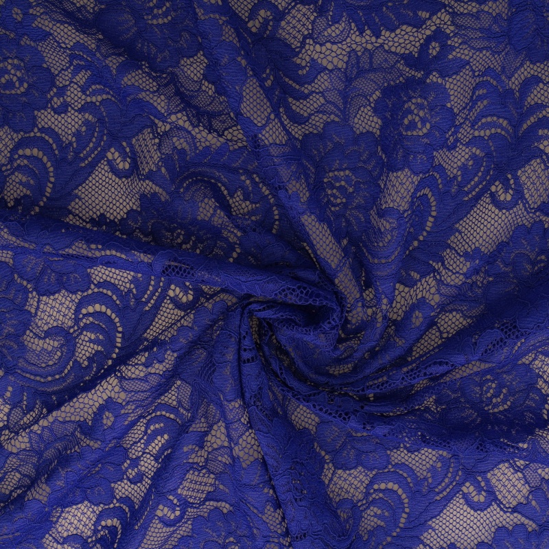 Tissu Dentelle Elastique Roses Bleu Roi 