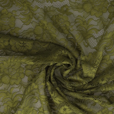 Tissu Dentelle Elastique Roses Kaki