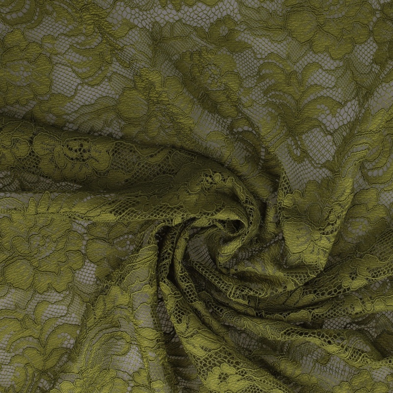 Tissu Dentelle Elastique Roses Kaki