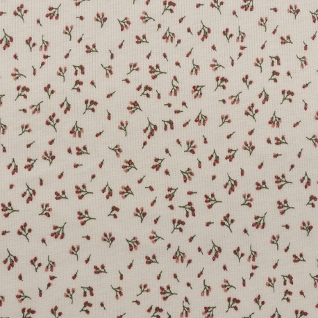 Tissu Jersey Côtelé Fleur Rose Fond Ecru 