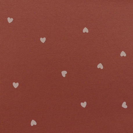 Tissu Jersey Côtelé Coeur Fond Terracotta 