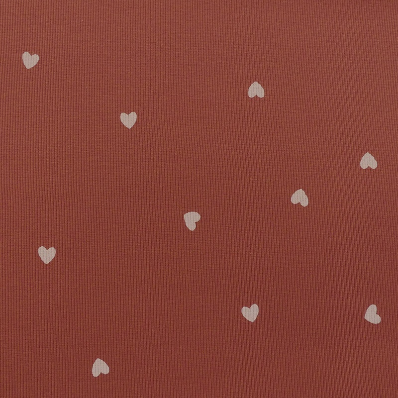 Tissu Jersey Côtelé Coeur Fond Terracotta 