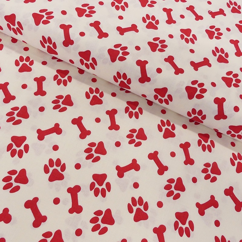 Tissu Coton Imprimé Paw Prints Red