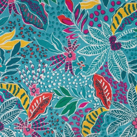 Tissu Rayonne Elasthanne Imprimée Fleurs Pétrole