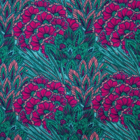 Tissu Satin Viscose Imprimé Fleurs Pétrole