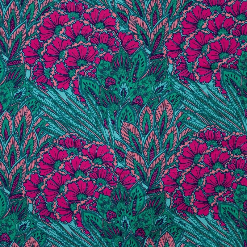 Tissu Satin Viscose Imprimé Fleurs Pétrole