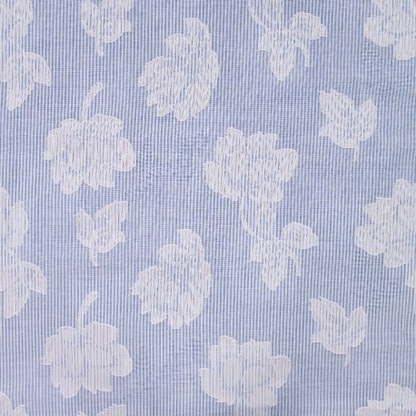 Tissu Voile Coton Tissé Teint Brodé Rayure Bleu