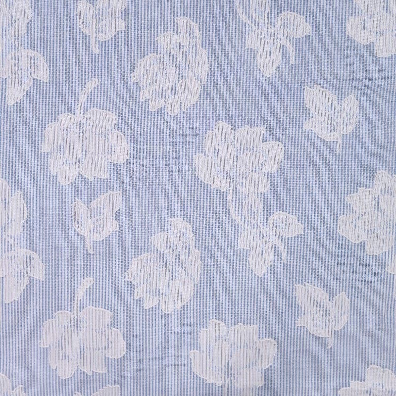 Tissu Voile Coton Tissé Teint Brodé Rayure Bleu