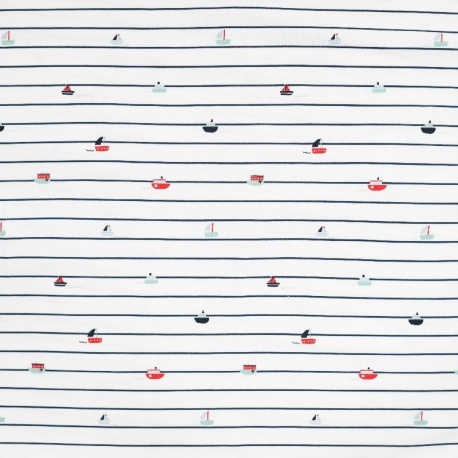 Tissu Jersey de Coton Imprimé Bateau Bleu