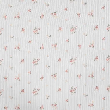 Tissu Jersey Côtelé Coton Imprimé Fleurs Ecru