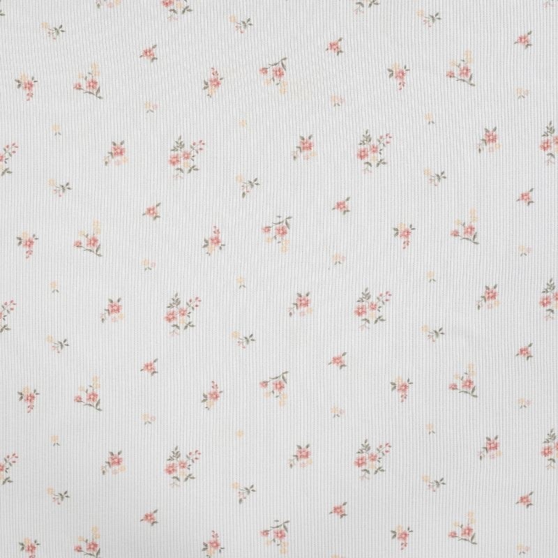 Tissu Jersey Côtelé Coton Imprimé Fleurs Ecru