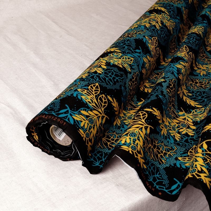 Tissu Wax Imprime Mix Feuille Bleu Jaune
