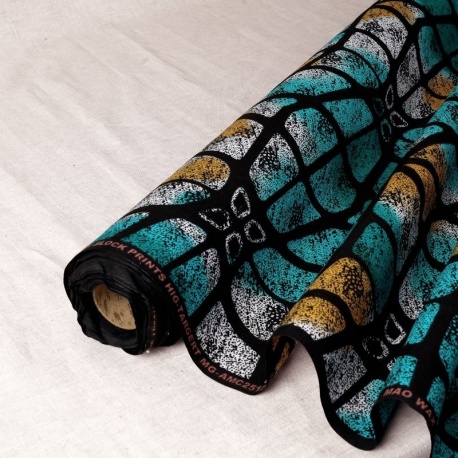 Tissu Wax Imprime Mix Géo Bleu et Jaune