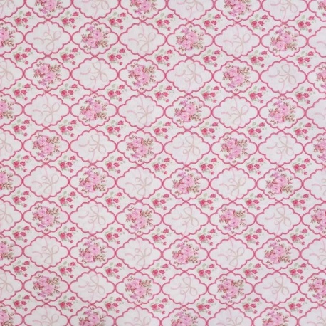 Tissu Popeline de Coton Imprimé Fleurs Rose