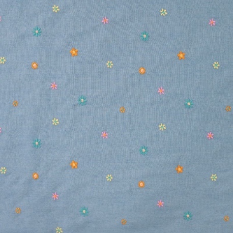 Tissu Jean Fin Brodé Fleurs Multico 