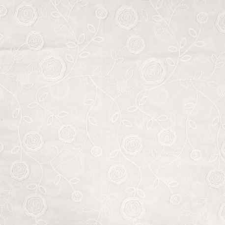 Tissu Coton Brodé Fleurs Blanc