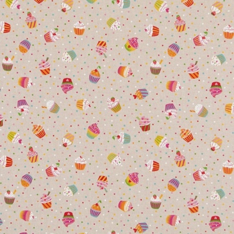 Tissu Demi Panama Cupcakes Fond Coloris Lin
