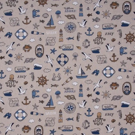 Tissu Demi Panama Nautical Doodle Fond Coloris Lin