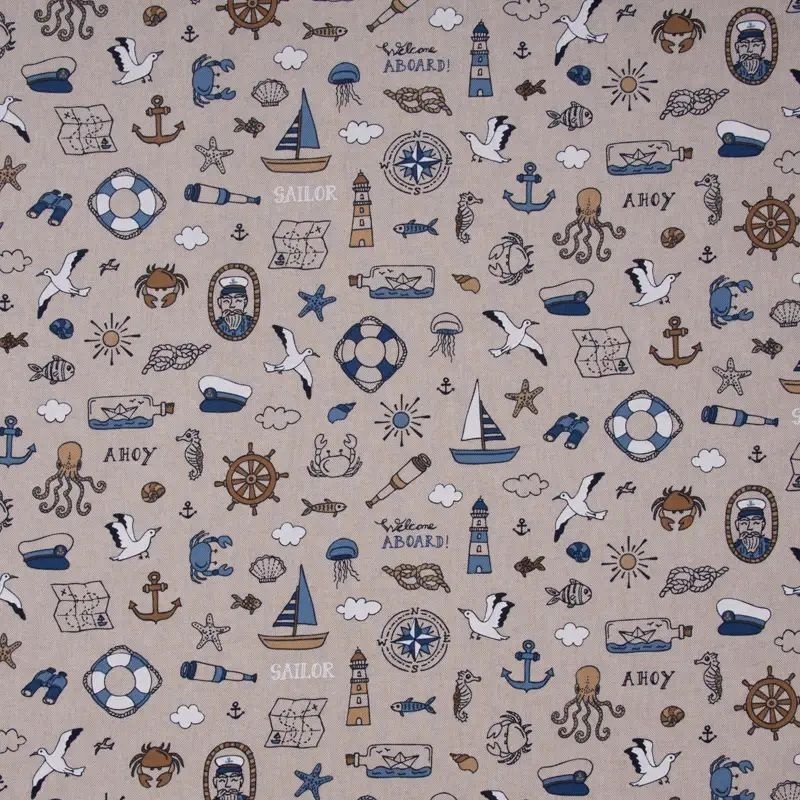 Tissu Demi Panama Nautical Doodle Fond Coloris Lin