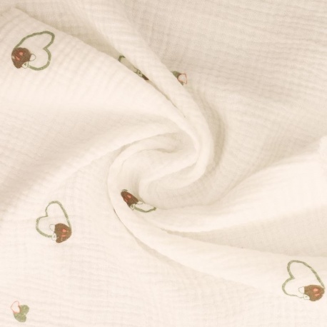 Tissu Double Gaze Imprimée Coeur Vert 