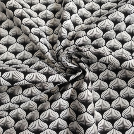 Tissu Popeline Eventails Noir Blanc