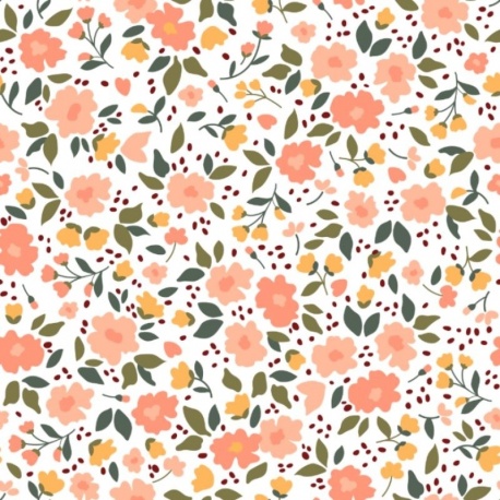 Tissu Popeline Fleurs Corail 