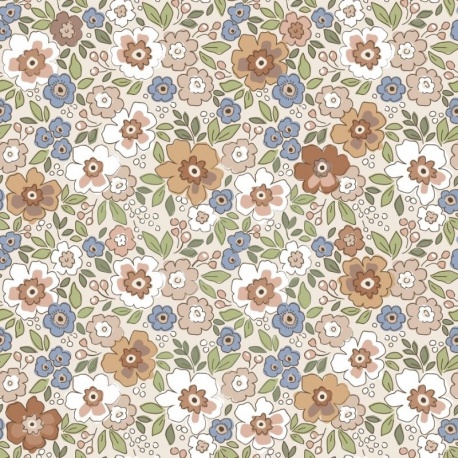 Tissu Popeline Fleurs Orange Vert 