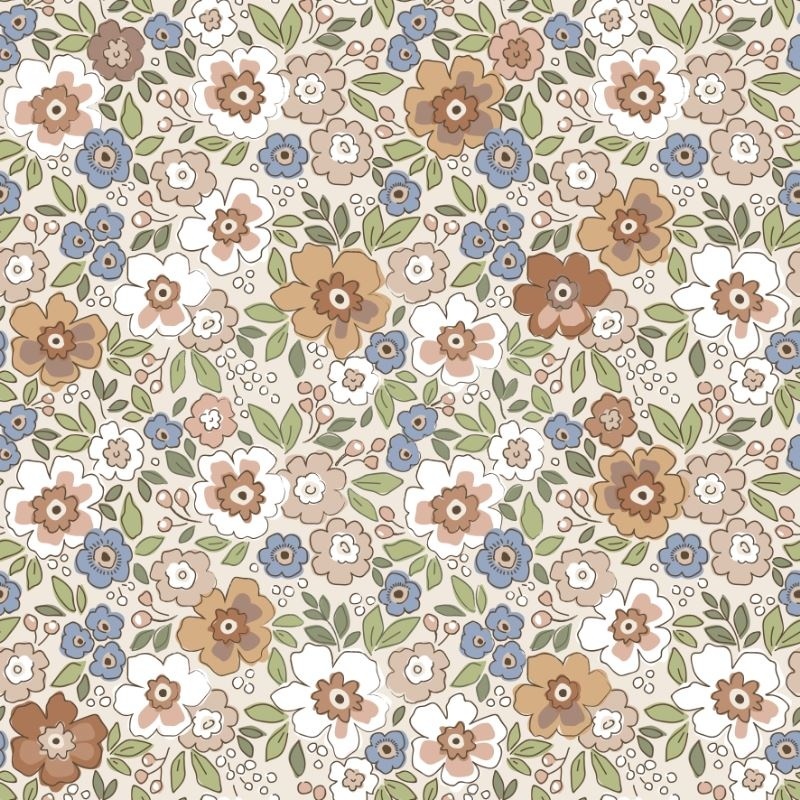 Tissu Popeline Fleurs Orange Vert 