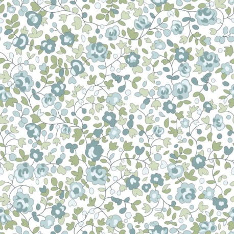 Tissu Popeline Fleurs Bleu Vert