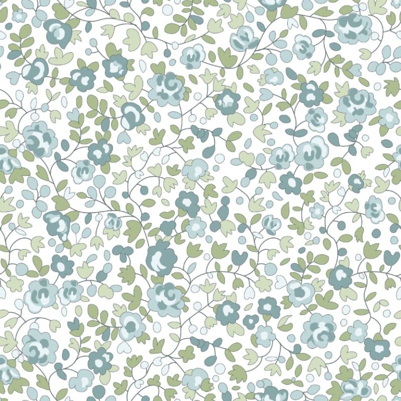 Tissu Popeline Fleurs Bleu Vert