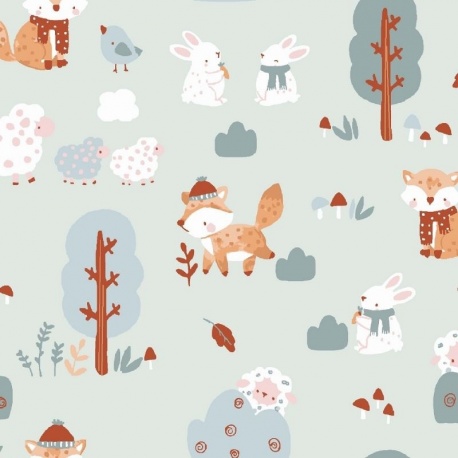 Tissu Coton Imprimé Goupil Bleu