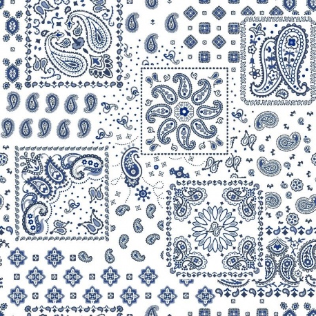 Tissu Cretonne Imprimée Kansas Bandana Blanc bleu