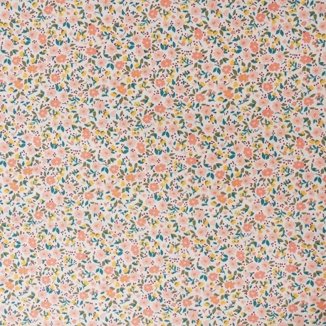 Tissu Popeline Fleurs Corail 