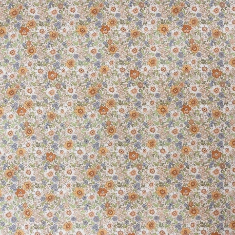 Tissu Popeline Fleurs Orange Vert 