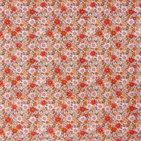Tissu Popeline Fleurs Rouge Orange