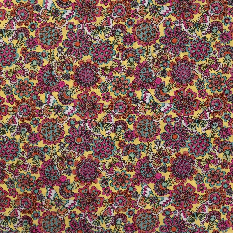 Tissu Voile de Coton Imprimé Papillon Jaune 