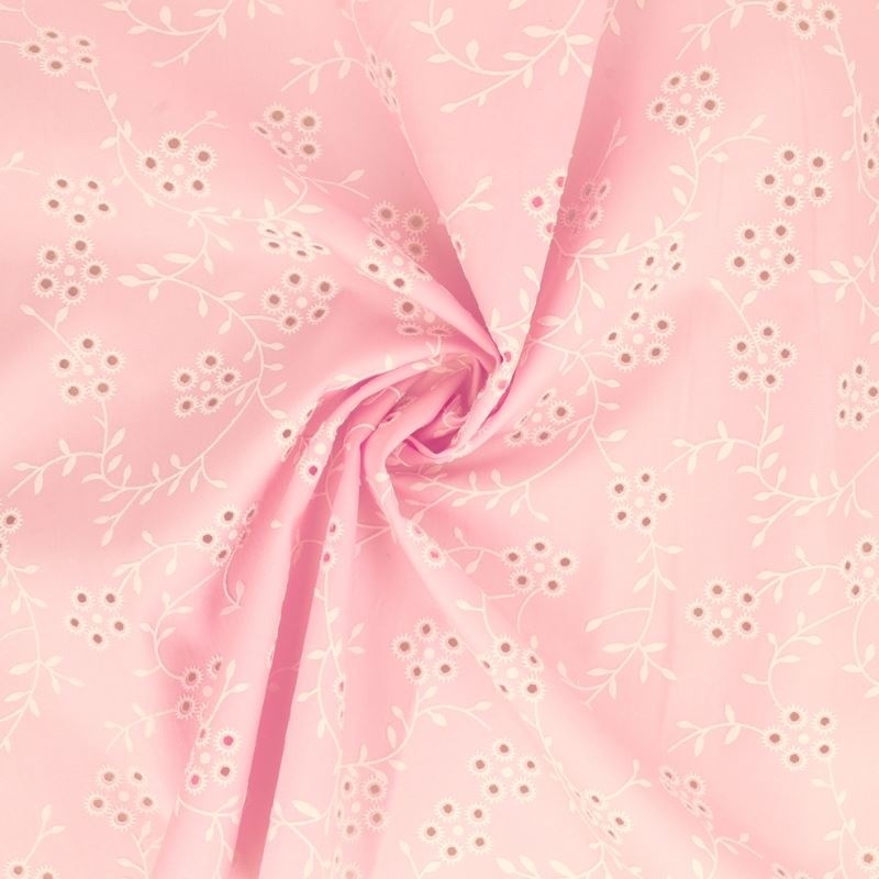 Tissu Popeline Floquée Esprit Broderie Rose 