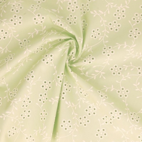Tissu Popeline Floquée Esprit Broderie Vert Pastel